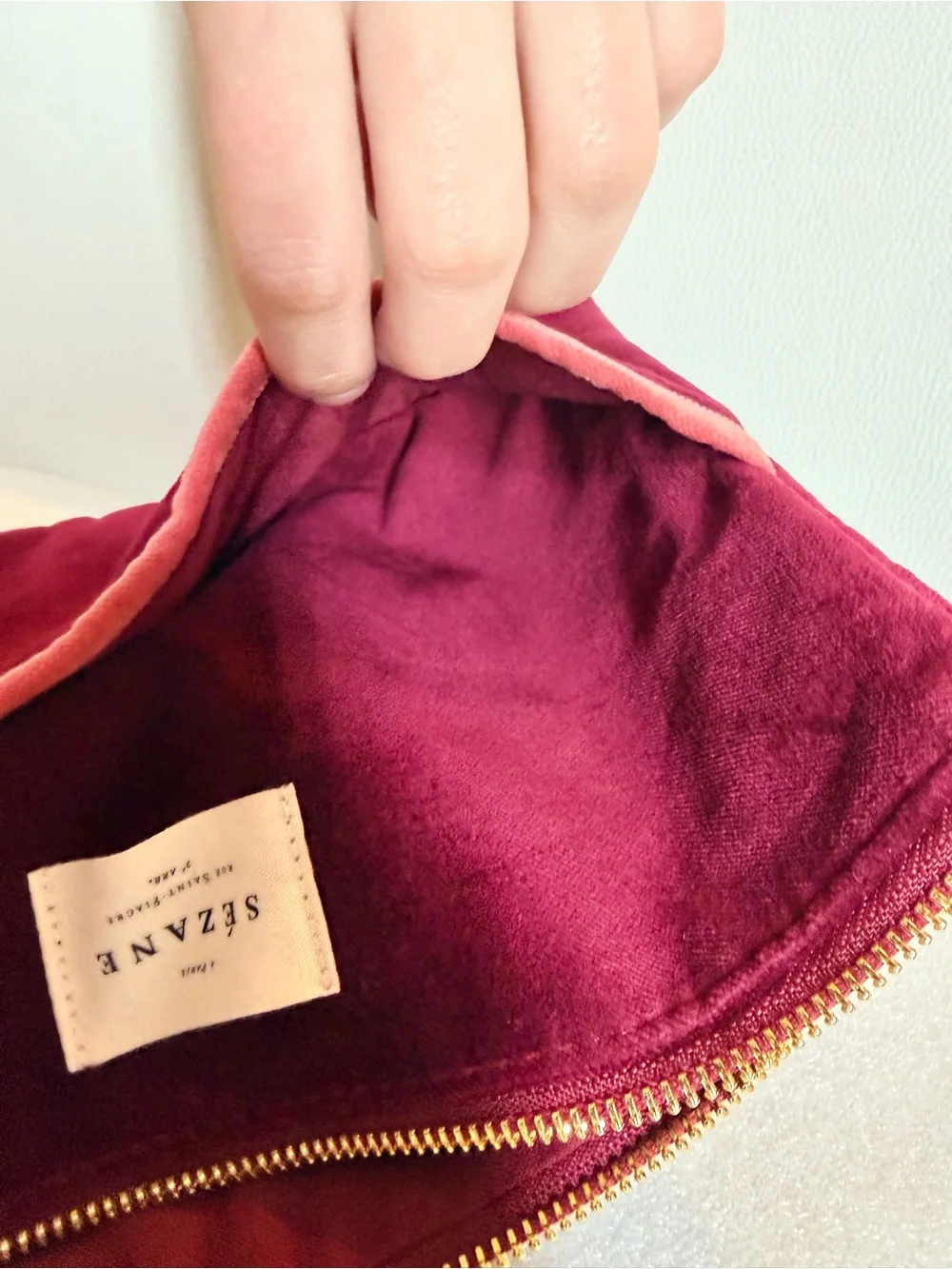 NWT Sézane Burgundy Cotton Velvet Zip Flat Pouch Makeup Bag with Pink Trim